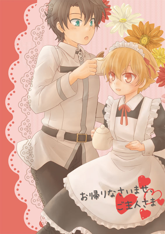 2boys alternate_costume apron black_dress blush child_gilgamesh crossdressing dress enmaided fate_(series) frills fujimaru_ritsuka_(male) kaede_(mkwmpl) maid maid_apron maid_headdress male_focus multiple_boys open_mouth puffy_sleeves red_eyes ribbon smile teapot wrist_cuffs