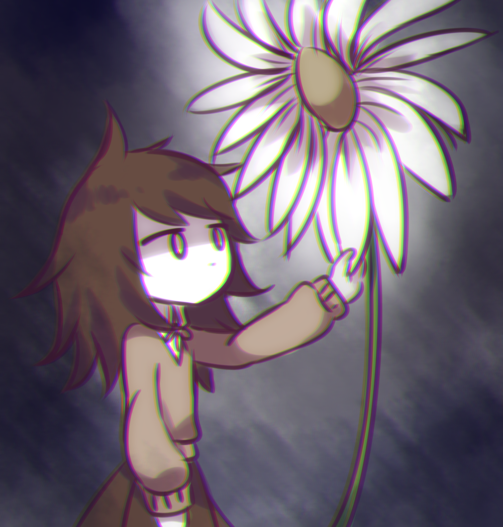 bags_under_eyes brown_hair care chromatic_aberration daisy flower messy_hair muted_color no_mouth pale_skin petscop pulling solo wide-eyed yatsunote