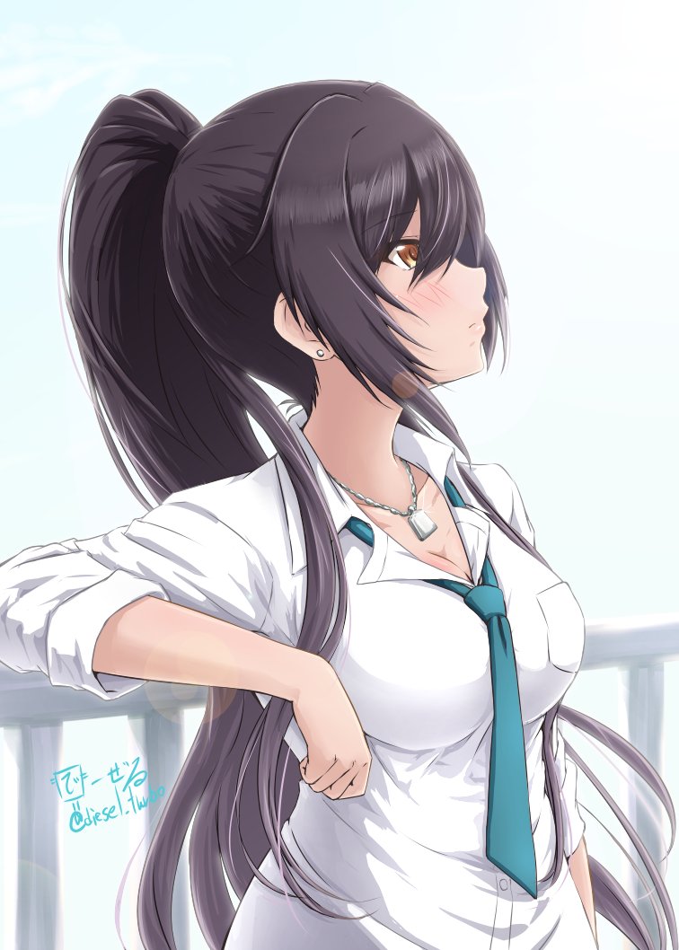 1girl bangs black_hair breasts character_request cleavage diesel-turbo earring highres large_breasts leaning_back long_hair necklace pendant ponytail tie white_shirt yellow_eyes