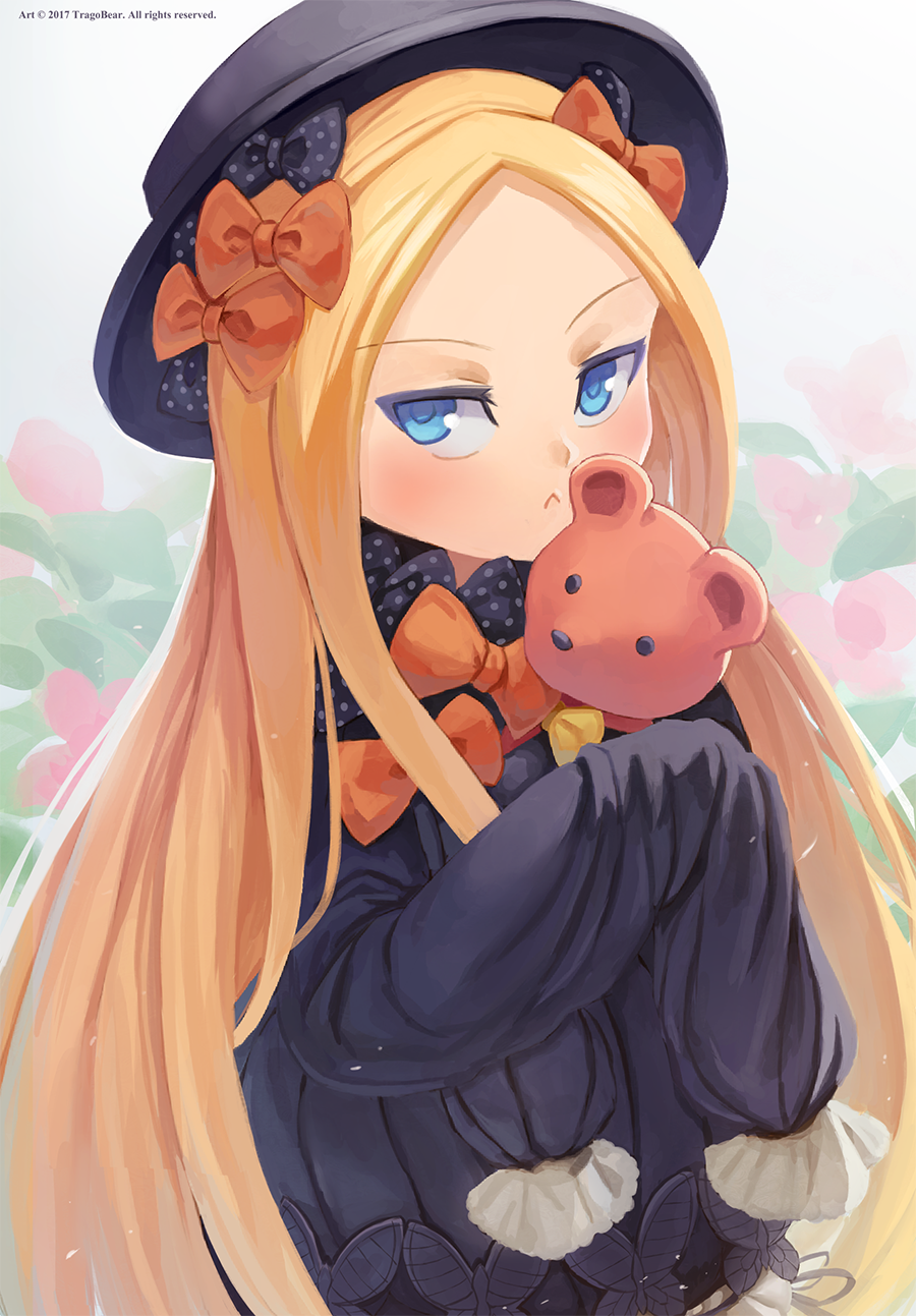 2017 :&lt; abigail_williams_(fate/grand_order) artist_name bangs black_bow black_dress black_hat blonde_hair bloomers blue_eyes blush bow bug butterfly closed_mouth commentary dress eyebrows_visible_through_hair fate/grand_order fate_(series) flower forehead grey_background hair_bow hat highres insect long_hair long_sleeves looking_at_viewer object_hug orange_bow parted_bangs pink_flower polka_dot polka_dot_bow sleeves_past_fingers sleeves_past_wrists solo stuffed_animal stuffed_toy teddy_bear tragobear underwear v-shaped_eyebrows very_long_hair white_bloomers