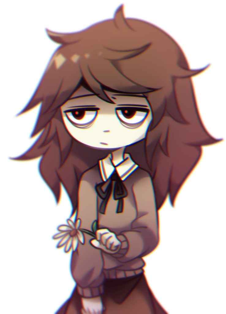 :| bags_under_eyes brown_hair care chromatic_aberration closed_mouth daisy flower jitome messy_hair pale_skin petscop solo wide-eyed yatsunote