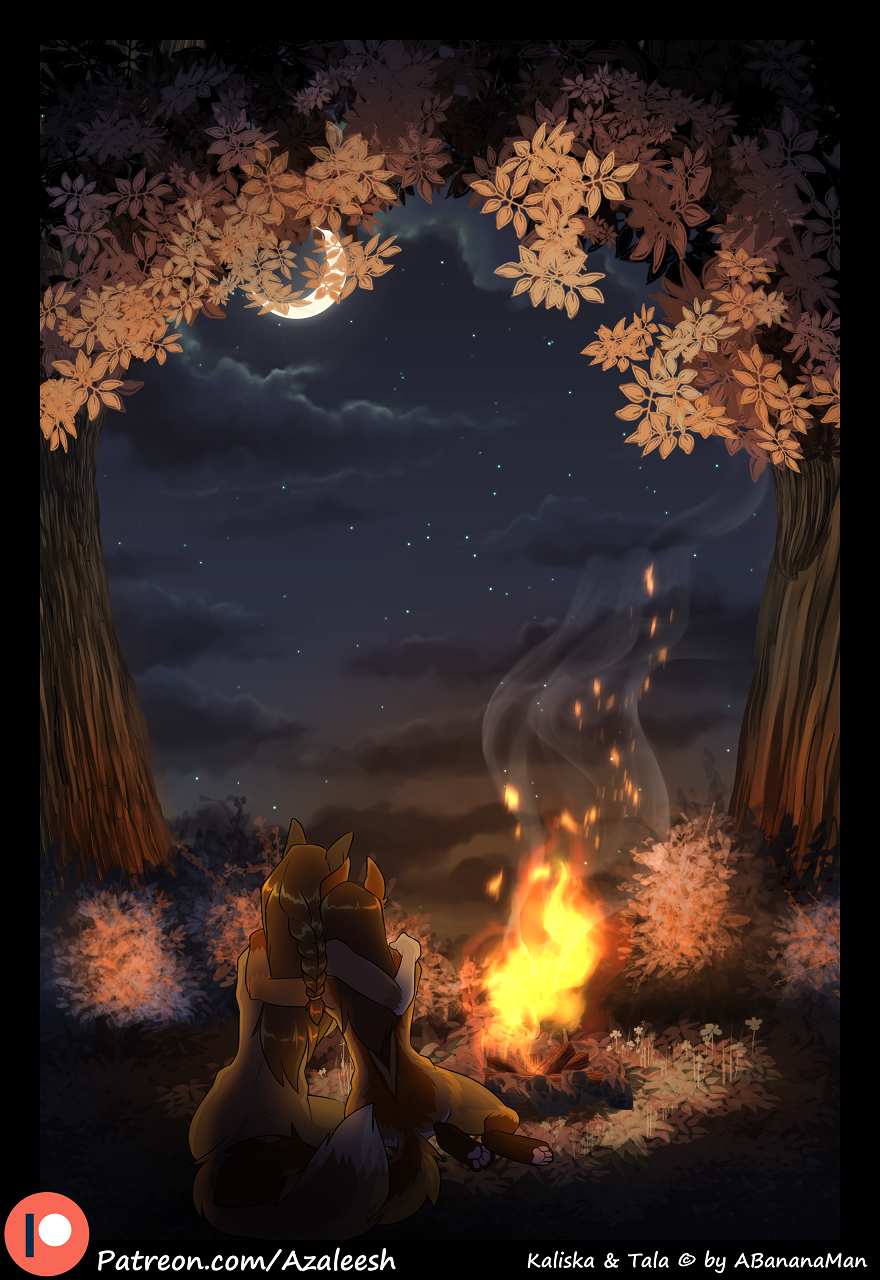 anthro azaleesh braided_hair brown_fur brown_hair campfire canine comic coyote female female/female fur hair hug kaliska_(abananaman) mammal multicolored_fur nature nude orange_fur pawpads romantic smoke tala_(abananaman) tan_fur tree tribal wolf