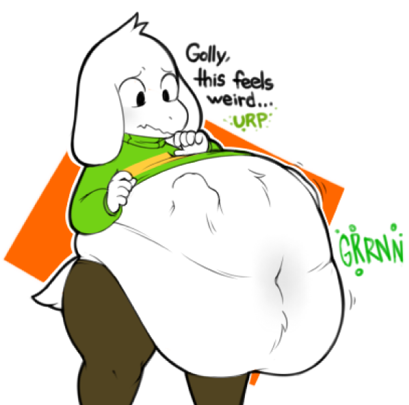 anthro asriel_dreemurr belly big_belly boss_monster caprine clothed clothing fur goat male mammal overweight spaghettiz stomach_noises sweater text undertale video_games vore white_fur