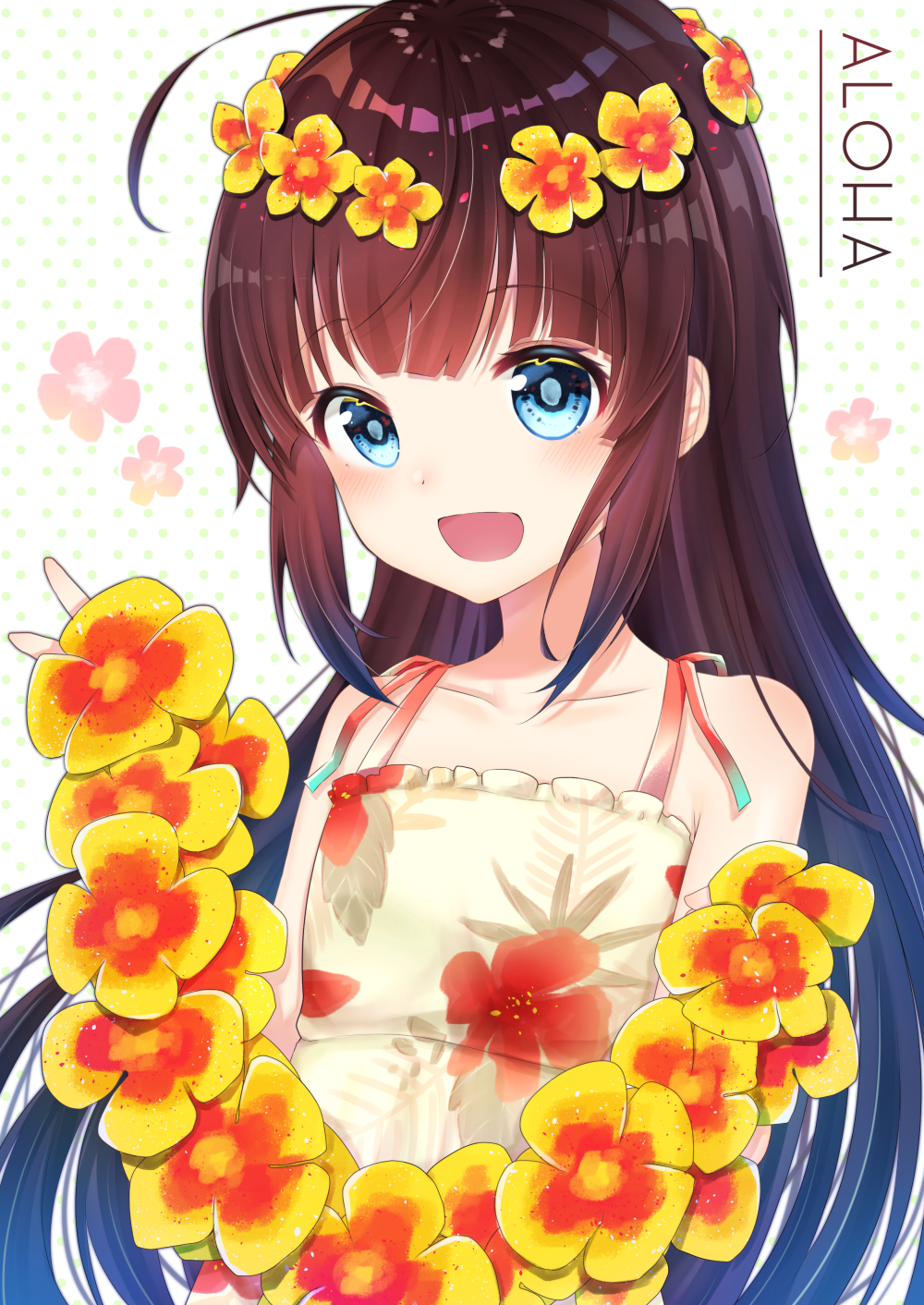 :d ahoge bangs bare_shoulders blue_eyes blush brown_hair collarbone commentary_request dress eyebrows_visible_through_hair floral_print flower flower_wreath gyozanuko head_wreath highres hinatsuru_ai holding long_hair open_mouth polka_dot polka_dot_background print_dress red_flower ryuuou_no_oshigoto! sidelocks sleeveless sleeveless_dress smile solo tropical very_long_hair white_background white_dress yellow_flower