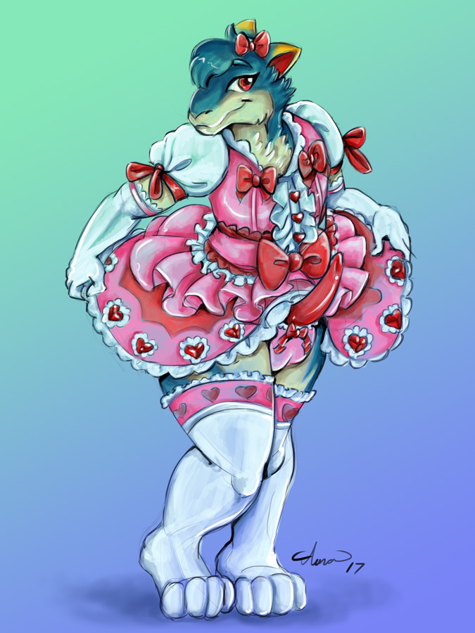 2017 4_toes animal_genitalia animal_penis anthro anthrofied armwear auradeva blue_fur bow_tie bulge clothed clothing crossdressing digital_drawing_(artwork) digital_media_(artwork) dress erection fur girly gradient_background legwear looking_at_viewer male mammal nintendo penis pink_clothing pink_topwear pink_underwear pok&eacute;mon pok&eacute;mon_(species) pok&eacute;morph quilava red_eyes simple_background smile solo standing toes underwear video_games