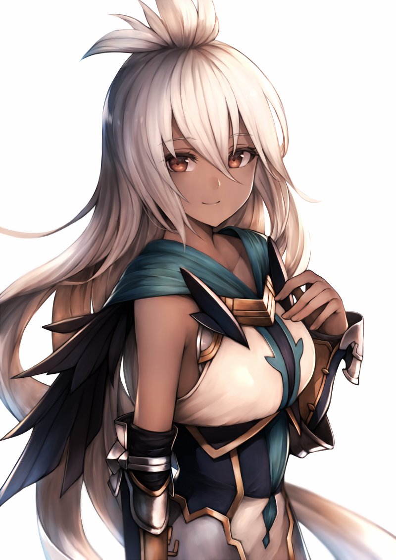 1girl ahoge armor armored_dress bangs breasts closed_mouth collarbone dark_skin eyebrows_visible_through_hair gauntlets granblue_fantasy hair_between_eyes hand_on_own_chest inaba_sunimi long_hair looking_at_viewer medium_breasts red_eyes simple_background smile solo tan upper_body white_background white_hair zooey_(granblue_fantasy)