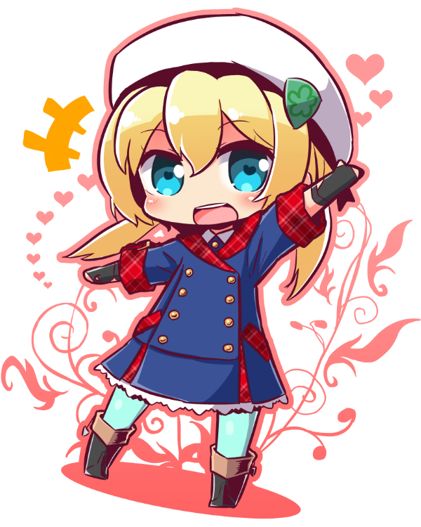 +++ 1girl :d bangs beret black_footwear black_gloves blonde_hair blue_eyes blue_jacket blue_legwear blush boots chibi commentary_request eyebrows_visible_through_hair fingerless_gloves frederica_irving full_body gloves hair_between_eyes hat heart heart-shaped_pupils jacket long_hair long_sleeves low_twintails naga_u open_mouth outstretched_arms pantyhose sekaiju_no_meikyuu shin_sekaiju_no_meikyuu smile solo standing symbol-shaped_pupils twintails upper_teeth white_hat