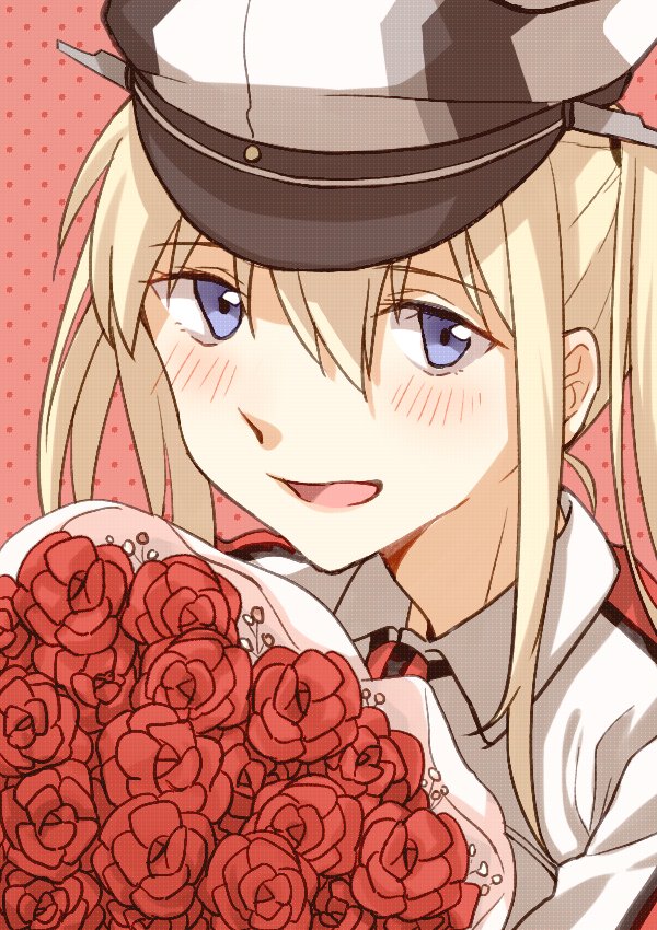 1girl :d asakawa_shinka blonde_hair blue_eyes blush bouquet collared_shirt dotted_background eyebrows_visible_through_hair flower graf_zeppelin_(kantai_collection) hair_between_eyes hair_tie hat kantai_collection long_hair looking_at_viewer military military_hat necktie open_mouth peaked_cap red_background red_flower shirt sidelocks smile solo twintails upper_body white_shirt