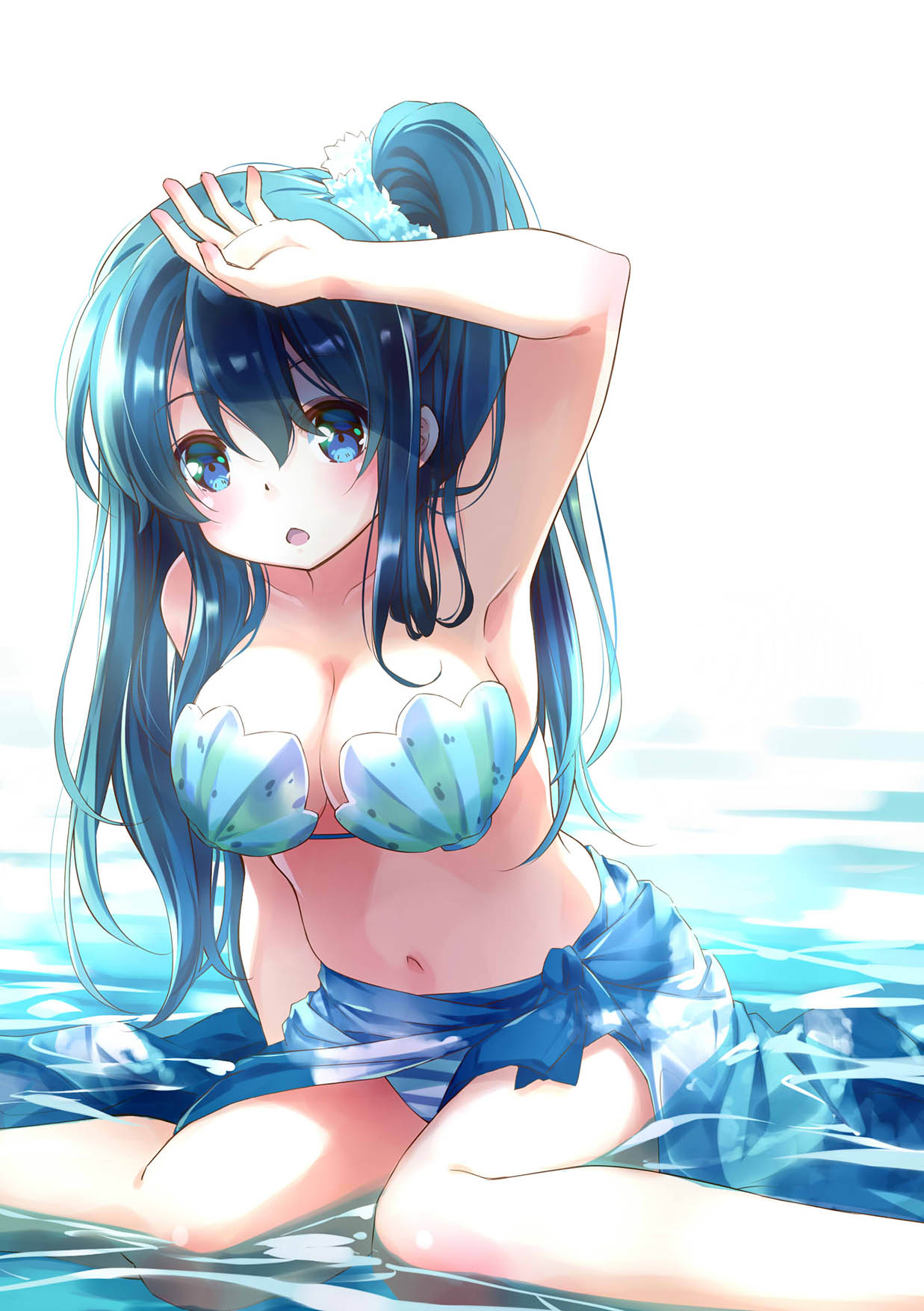 1girl 54hao :o armpits bangs bare_arms bare_shoulders bikini blue_bikini blue_eyes blue_hair blue_sarong blush breasts cleavage collarbone commentary_request eyebrows_visible_through_hair feet_out_of_frame hair_between_eyes highres large_breasts long_hair looking_at_viewer navel one_side_up open_mouth original sarong shell shell_bikini sitting solo striped striped_bikini_bottom swimsuit very_long_hair wariza water white_background
