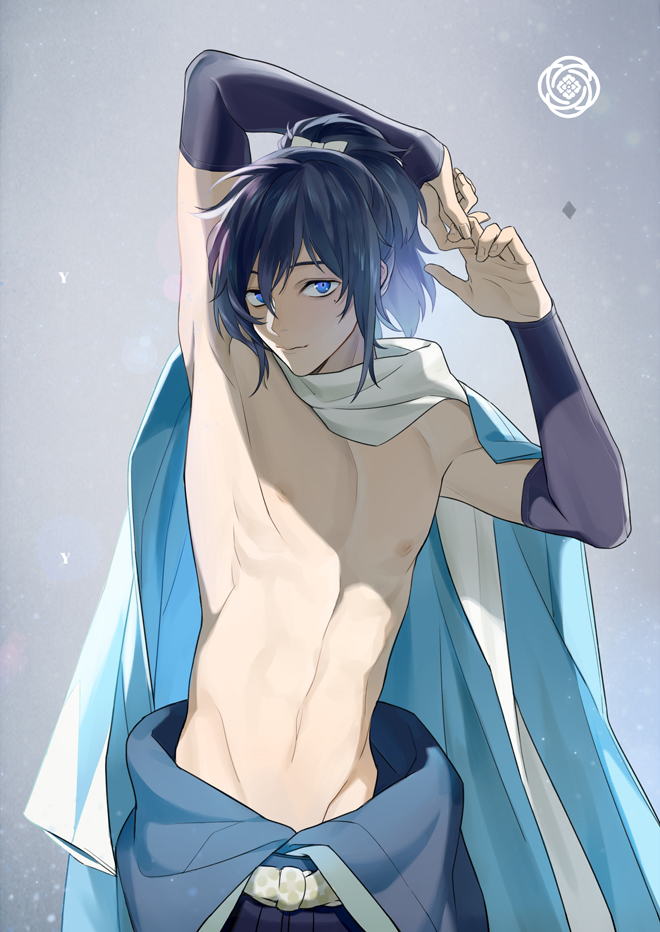 black_hair blue_eyes chest high_ponytail inkerpape long_hair looking_at_viewer male_focus mole mole_under_eye nipples scarf shirtless solo touken_ranbu white_scarf yamato-no-kami_yasusada