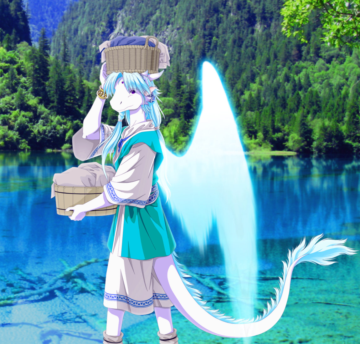 angel angel_dragon anthro blue_hair clothing dragon forest hair laundry lizardseraphim long_hair missia river scalie seraphim tree water wings