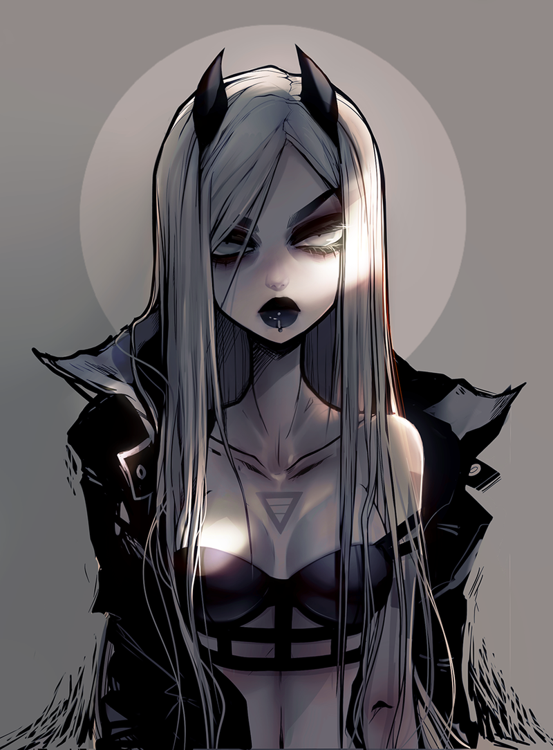 belt bikini blood clothing coat creepy demon einnharder facial_piercing female grey_eyes horn invalid_tag lip_piercing lipstick looking_at_viewer makeup piercing shade solo stare swimsuit tattoo wounded