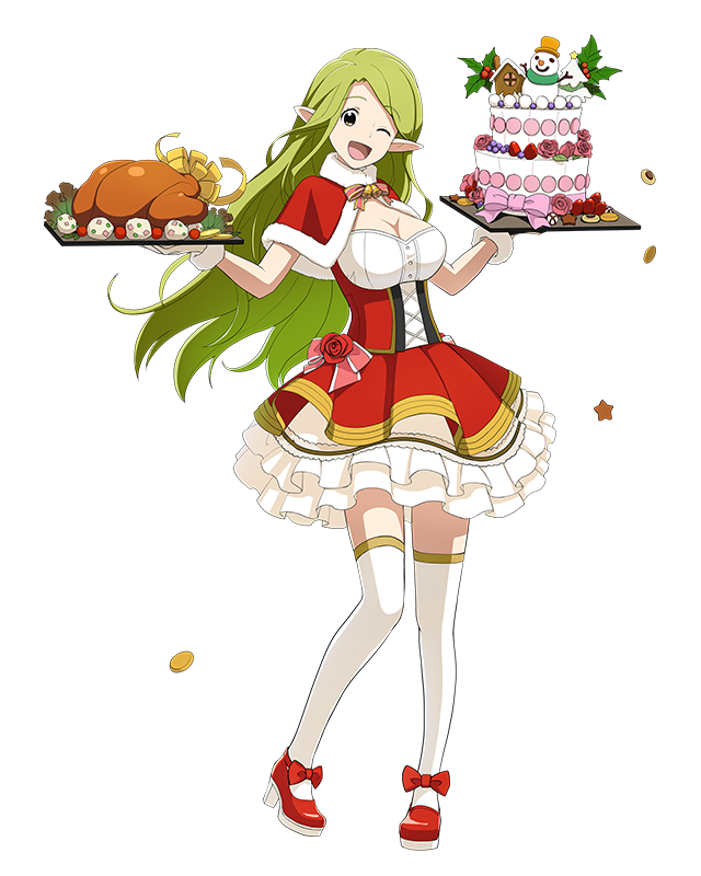 ;) ;d ankle_bow ankle_ribbon bow breasts cake capelet cleavage coin dress eyebrows_visible_through_hair floating_hair food full_body green_eyes green_hair head_tilt holding large_breasts layered_dress log_horizon long_hair marielle_(log_horizon) mary_janes official_art one_eye_closed open_mouth pointy_ears red_bow red_capelet red_footwear ribbon shoes short_dress smile solo standing thighhighs transparent_background very_long_hair white_legwear zettai_ryouiki