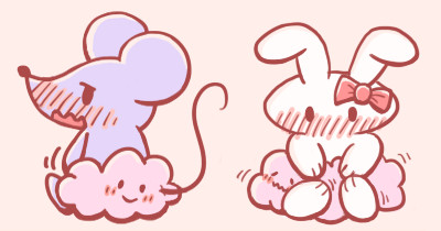 2016 ambiguous_gender blush bow cloud cute embarrassed flat_colors ghost lagomorph mammal mouse open_mouth pink_theme rabbit rodent spirit おばけ
