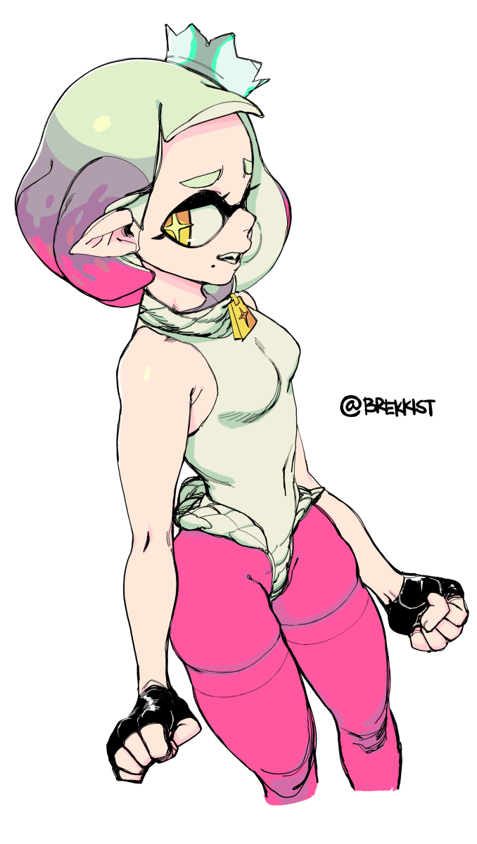 2017 alternate_version_at_source beauty_mark better_version_at_source breasts brekkist cephalopod clothed clothing crown digital_media_(artwork) fangs female fingerless_gloves fist gloves hair humanoid inkling legwear leotard looking_at_viewer marine nintendo not_furry pearl_(splatoon) pointy_ears signature simple_background smile solo splatoon squid tentacle_hair tentacles tights video_games yellow_eyes