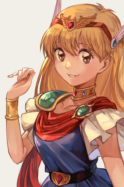 akazukin_chacha bangs belt blonde_hair bracelet breasts brown_eyes cape chacha_(akazukin_chacha) choker frills hair_between_eyes hand_up hankuri head_wings jewelry long_hair looking_at_viewer magical_girl magical_princess parted_lips simple_background small_breasts smile solo tiara upper_body white_background