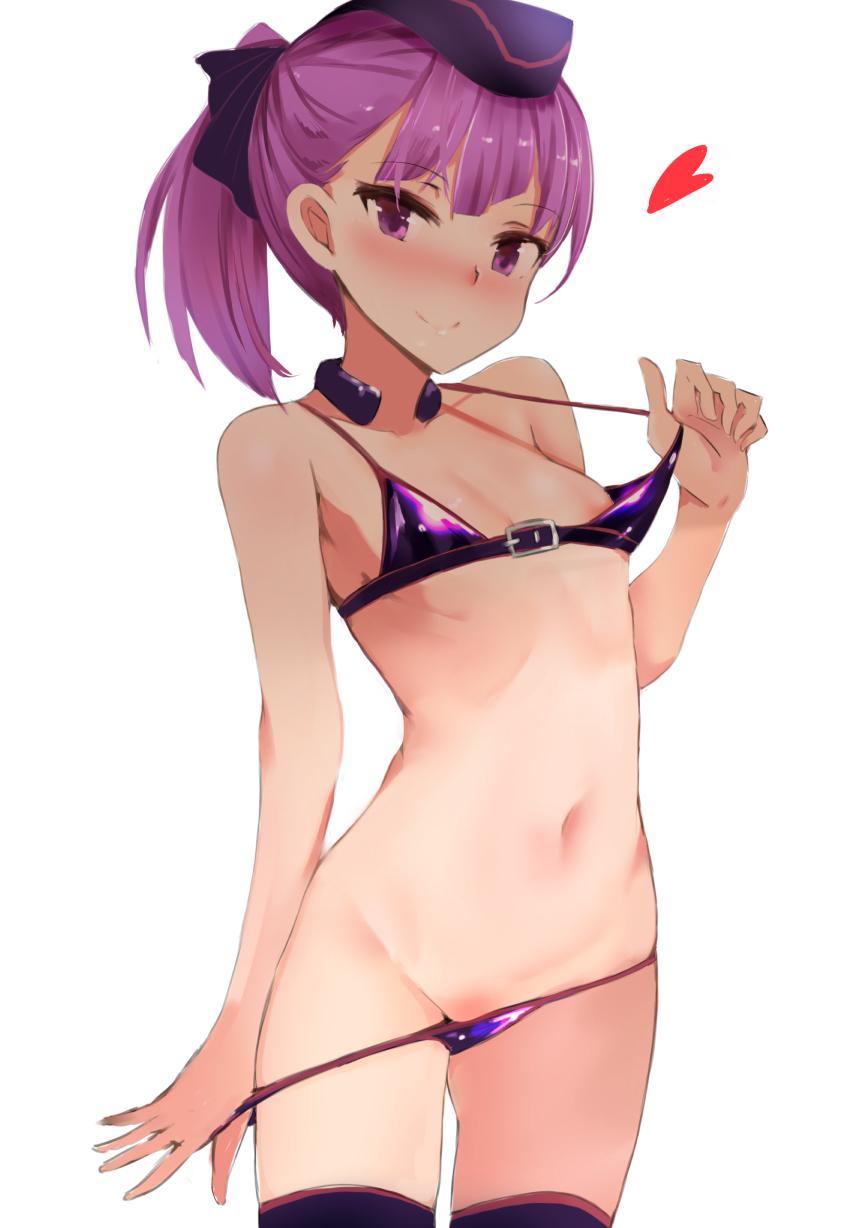 areola_slip areolae bangs bikini bikini_pull black_legwear black_ribbon blush c: closed_mouth collarbone commentary_request cowboy_shot eyebrows_visible_through_hair fate/grand_order fate_(series) flat_chest garrison_cap groin hair_ribbon hat heart helena_blavatsky_(fate/grand_order) helena_blavatsky_(swimsuit_archer)_(fate) highres lifted_by_self looking_at_viewer micro_bikini muoto navel nose_blush ponytail pulled_by_self purple_bikini purple_eyes purple_hair purple_hat ribbon simple_background smile solo standing stomach strap_lift string_bikini swimsuit thighhighs thighs tsurime white_background