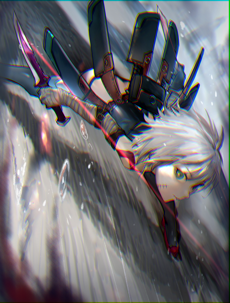 arm_belt bandaged_arm bandages belt black_belt black_panties blue_eyes butt_crack chromatic_aberration commentary_request dagger dual_wielding facial_scar fate/apocrypha fate/grand_order fate_(series) gloves green_eyes holding holding_knife jack_the_ripper_(fate/apocrypha) knife looking_at_viewer lowleg lowleg_panties nuda panties scar scar_across_eye scar_on_cheek shoulder_tattoo single_glove solo tattoo underwear weapon white_hair