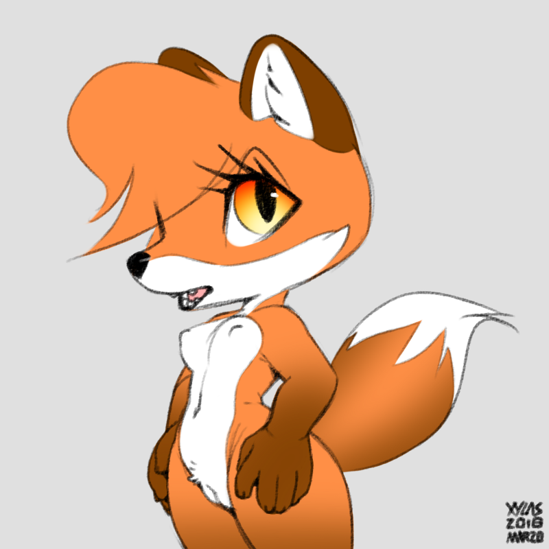 2018 5_fingers anthro breasts canine dipstick_tail eyelashes female fox grey_background inner_ear_fluff mammal midriff multicolored_tail navel nipples nude orange_eyes pussy signature simple_background solo teeth tongue wide_hips xylas