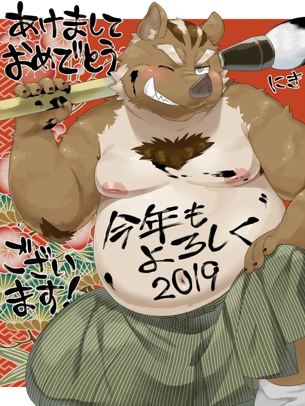 2019 anthro belly boar clothed clothing humanoid_hands japanese_text male mammal moobs navel nikiciy nipples one_eye_closed overweight overweight_male porcine solo text wink
