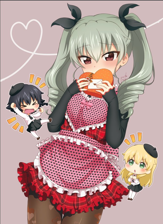 &gt;_&lt; :o anchovy anzio_school_uniform apron artist_name bangs belt beret black_footwear black_hat black_legwear black_neckwear black_ribbon black_skirt blush carpaccio chibi commentary covering_mouth dress dress_shirt drill_hair envelope eyebrows_visible_through_hair frilled_apron frilled_dress frills girls_und_panzer green_hair grey_background hair_ribbon hat heart heart_apron heart_print long_hair long_sleeves looking_at_another looking_at_viewer miniskirt multiple_girls necktie notice_lines open_mouth pantyhose parda_siko pepperoni_(girls_und_panzer) pink_apron plaid plaid_dress pleated_skirt print_legwear red_dress red_eyes ribbon school_uniform shirt shoes short_dress short_hair signature skirt smile standing twin_drills twintails valentine white_legwear white_shirt