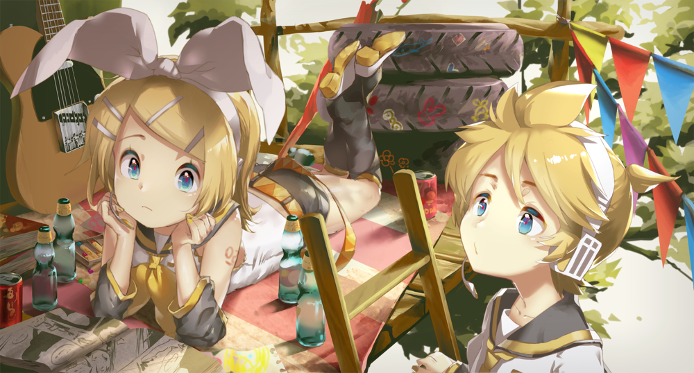 1girl :/ arm_tattoo blonde_hair blue_eyes book bottle bow brother_and_sister can chin_rest detached_sleeves electric_guitar guitar hair_bow hair_ornament hairclip headphones headset instrument kagamine_len kagamine_rin ladder leaf leg_warmers lying manga_(object) nail_polish necktie number_tattoo o3o on_stomach pennant puckered_lips reading sailor_collar sawashi_(ur-sawasi) shirt short_ponytail shorts siblings sleeveless sleeveless_shirt soda_can tattoo tire tree treehouse twins vocaloid yellow_nails yellow_neckwear