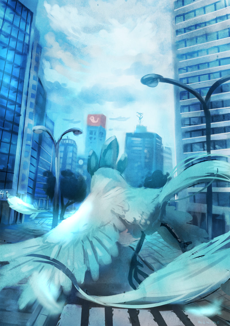 articuno building cameo caterpie character_print city cityscape creature feathers flying from_behind gen_1_pokemon lamppost legendary_pokemon lightning_rod manino_(mofuritaionaka) no_humans pokemon pokemon_(creature) road scenery solo window