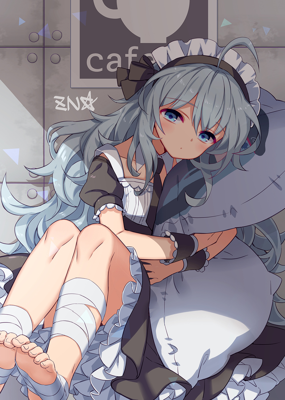 :o ahoge bandaged_leg bandages bangs barefoot black_dress black_neckwear blue_eyes blush collarbone commentary_request dakimakura_(object) detached_collar dress eyebrows_visible_through_hair feet frilled_dress frills g11_(girls_frontline) girls_frontline hair_between_eyes highres hk416_(girls_frontline) implied_yuri long_hair looking_at_viewer maid maid_headdress necktie parted_lips pillow pillow_hug puffy_short_sleeves puffy_sleeves short_sleeves silver_hair sitting soles solo toenails very_long_hair white_collar wrist_cuffs zenyu