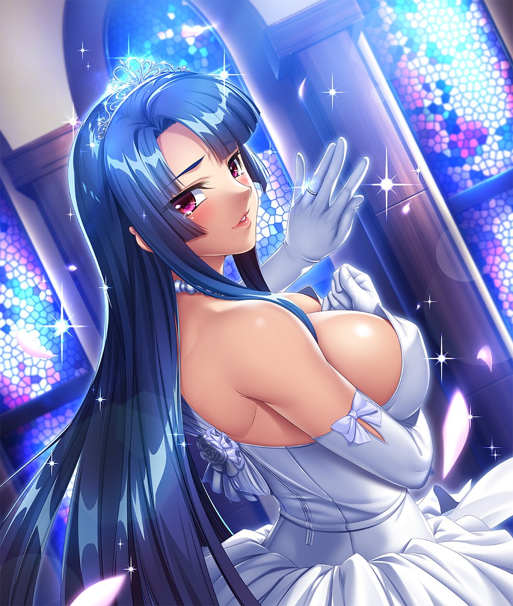 1girl bare_shoulders blue_hair blush breasts bride cleavage curvy dress erect_nipples female happy kagami_hirotaka large_breasts lilith-soft long_hair looking_at_viewer looking_back makeup nipples red_eyes ring shiny shiny_hair shiny_skin smile solo standing taimanin_(series) taimanin_asagi taimanin_asagi_battle_arena tearing tears wedding_dress yatsu_murasaki