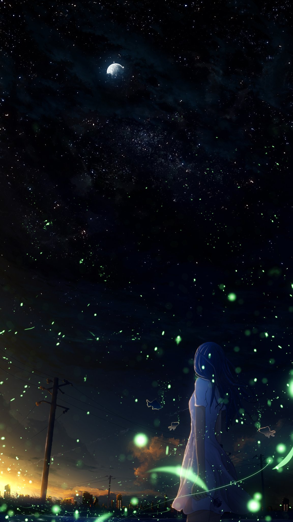 1girl black_sky blue_hair dress facing_away flying_fish from_behind full_moon highres light_particles long_hair moon negative_space night night_sky original power_lines short_dress sky solo standing star_(sky) starry_sky telephone_pole white_dress y_y_(ysk_ygc)