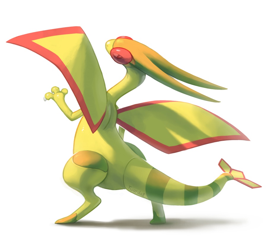 commentary commission creature english_commentary flygon full_body gen_3_pokemon green_wings looking_at_viewer looking_back no_humans pokemon pokemon_(creature) red_eyes serious simple_background solo standing twarda8 white_background wings