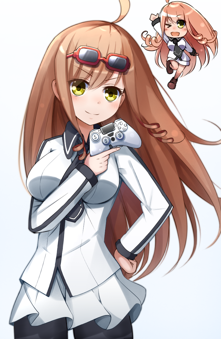 ahoge arm_up bangs black_legwear black_neckwear blush breasts brown_hair chibi chibi_inset closed_mouth collared_shirt controller cowboy_shot d-frag! doria_(5073726) drill_hair dualshock eyebrows_visible_through_hair eyes_visible_through_hair eyewear_on_head game_controller gamepad gradient gradient_background green_eyes hand_on_hip hand_up holding holding_controller joystick light_smile long_hair long_sleeves looking_at_viewer medium_breasts miniskirt multiple_views necktie one_eye_closed open_mouth pantyhose pleated_skirt raised_fist red-framed_eyewear school_uniform shirt sidelocks single_vertical_stripe skirt smile standing straight_hair sunglasses takafudou_hata twin_drills v-shaped_eyebrows very_long_hair white_background white_shirt white_skirt