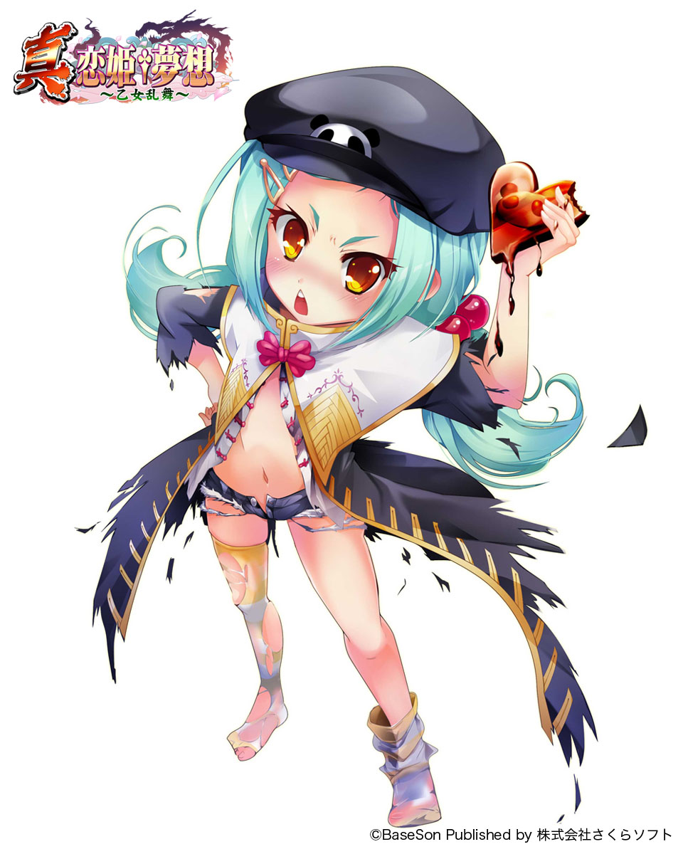 annoyed arm_up black_coat blush boots brown_eyes chinkyuu chocolate coat copyright_name cutoffs denim denim_shorts from_above green_hair hair_bobbles hair_ornament hairclip hand_on_hip hat highres holding kapimaru koihime_musou long_hair looking_up loose_thighhigh melting navel open_clothes open_mouth open_shirt open_shorts shirt short_shorts shorts simple_background solo striped striped_legwear thighhighs torn_clothes torn_coat torn_legwear twintails unbuttoned valentine white_background white_shirt