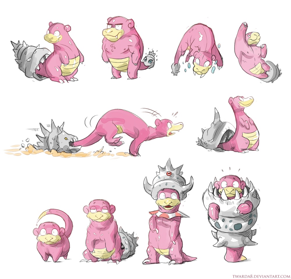 commentary creature crown gem gen_1_pokemon gen_2_pokemon looking_at_viewer mega_pokemon mega_slowbro mouth_hold pokemon pokemon_(creature) simple_background slowbro slowking slowpoke speed_lines standing twarda8 water wet white_background