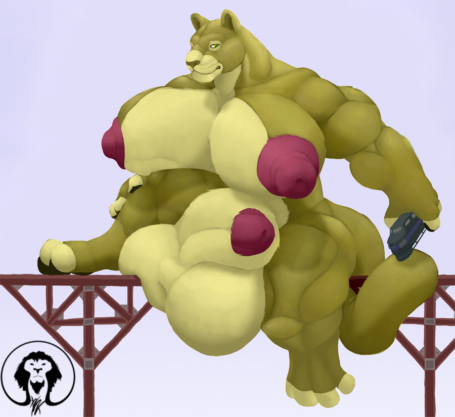 anthro balls biceps big_balls big_breasts big_muscles breasts bridge dickgirl feline huge_balls huge_breasts huge_nipples hyper hyper_balls intersex lion macro mammal muscular muscular_legs nipples partially_sheathed pawpads paws pink_nipples railroad solo thick_thighs train triceps urethra vehicle xatanlion