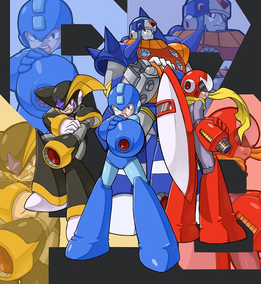 4boys android angry arm_cannon bass blues_(rockman) capcom duo_(rockman) gloves helmet kin_niku multiple_boys robot rockman rockman_(character) rockman_(classic) scarf shield weapon