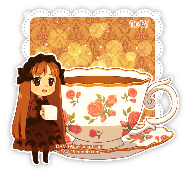 :d artist_name bangs black_legwear blush brown_dress brown_eyes brown_hair chibi commentary cup dav-19 dress eyebrows_visible_through_hair floral_print food full_body holding holding_food lace_background long_hair open_mouth original pantyhose personification print_cup saucer see-through see-through_silhouette smile solo standing sugar_cube tea teacup transparent_background very_long_hair watermark web_address