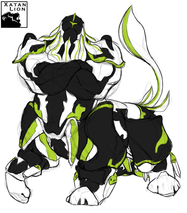 armor big_muscles crossed_arms four_legs kubrow male muscular pose raised_tail taur thick_legs video_games warframe xatanlion