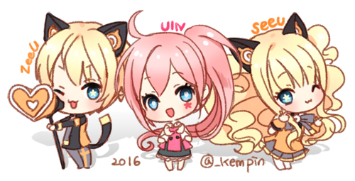 2016 2girls :3 ;3 animal_ears blonde_hair blue_eyes cat_ears character_name chibi dual_persona fake_animal_ears fake_tail genderswap genderswap_(ftm) headset hobak long_hair lowres megaphone multiple_girls pink_hair seeu side_ponytail simple_background skirt smile star star-shaped_pupils symbol-shaped_pupils tail twitter_username typo uni_(vocaloid) very_long_hair vocaloid white_background zeeu