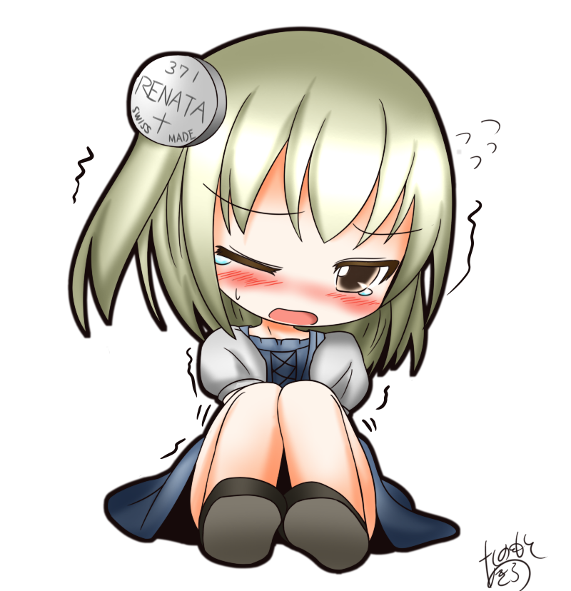 1girl blue_dress blush brown_eyes brown_footwear chibi dress embarrassed english eyebrows_visible_through_hair female full_body hair_ornament half-closed_eye have_to_pee looking_at_viewer one_eye_closed open_mouth original pigeon-toed platinum_blonde puffy_short_sleeves puffy_sleeves shinomoto_akira shoes short_hair short_sleeves signature sitting solo sweat tears text trembling