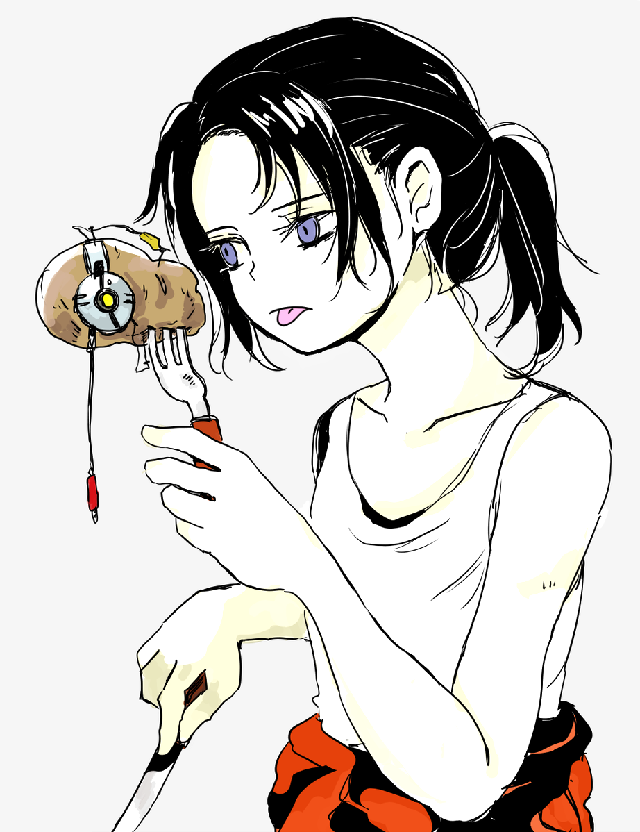 bad_id bad_pixiv_id black_hair breasts chell food glados jumpsuit knife long_hair ponytail portal portal_(series) portal_2 potato small_breasts solo soumenhiyamugi tank_top