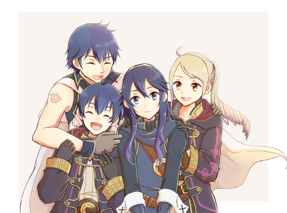 2girls ahoge blue_eyes blue_hair blush closed_eyes father_and_daughter female_my_unit_(fire_emblem:_kakusei) fire_emblem fire_emblem:_kakusei gloves gogatsu_(yeaholiday) hood hooded_jacket jacket krom long_hair lucina mark_(fire_emblem) mark_(male)_(fire_emblem) mother_and_son multiple_boys multiple_girls my_unit_(fire_emblem:_kakusei) open_mouth short_hair smile white_hair