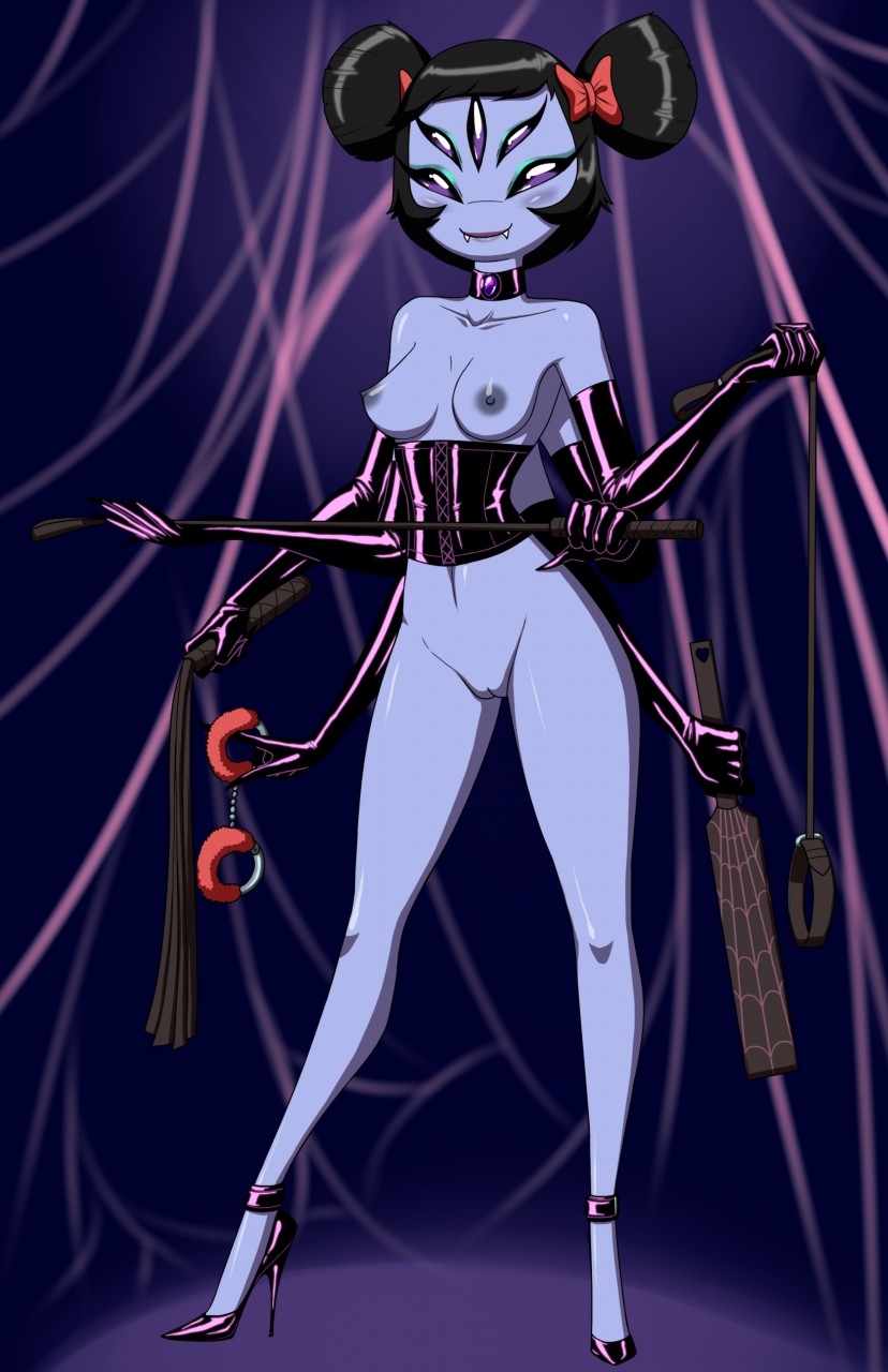 anthro arachnid areola arthropod breasts bug_girl choker clothing collar corset crovirus dominatrix fangs female footwear gloves hairbands handcuffs high_heels leash lingerie monster monster_girl_(genre) muffet multi_arm multi_eye multi_limb paddle purple_skin pussy riding_crop rubber shackles shoes smile solo spider undertale video_games weapon whip