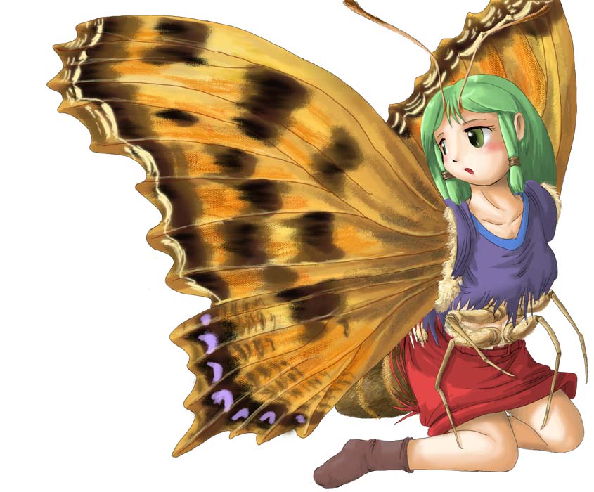 2004 animal_humanoid arthropod butterfly clothing edmol green_eyes green_hair hair humanoid insect kneeling legwear long_hair open_mouth shirt simple_background skirt socks surprise torn_clothing transformation white_background wings