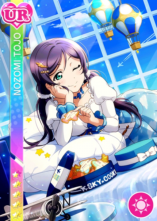 blush character_name cookies dress green_eyes long_hair love_live!_school_idol_festival love_live!_school_idol_project purple_hair smile toujou_nozomi toy_plane twintails wink