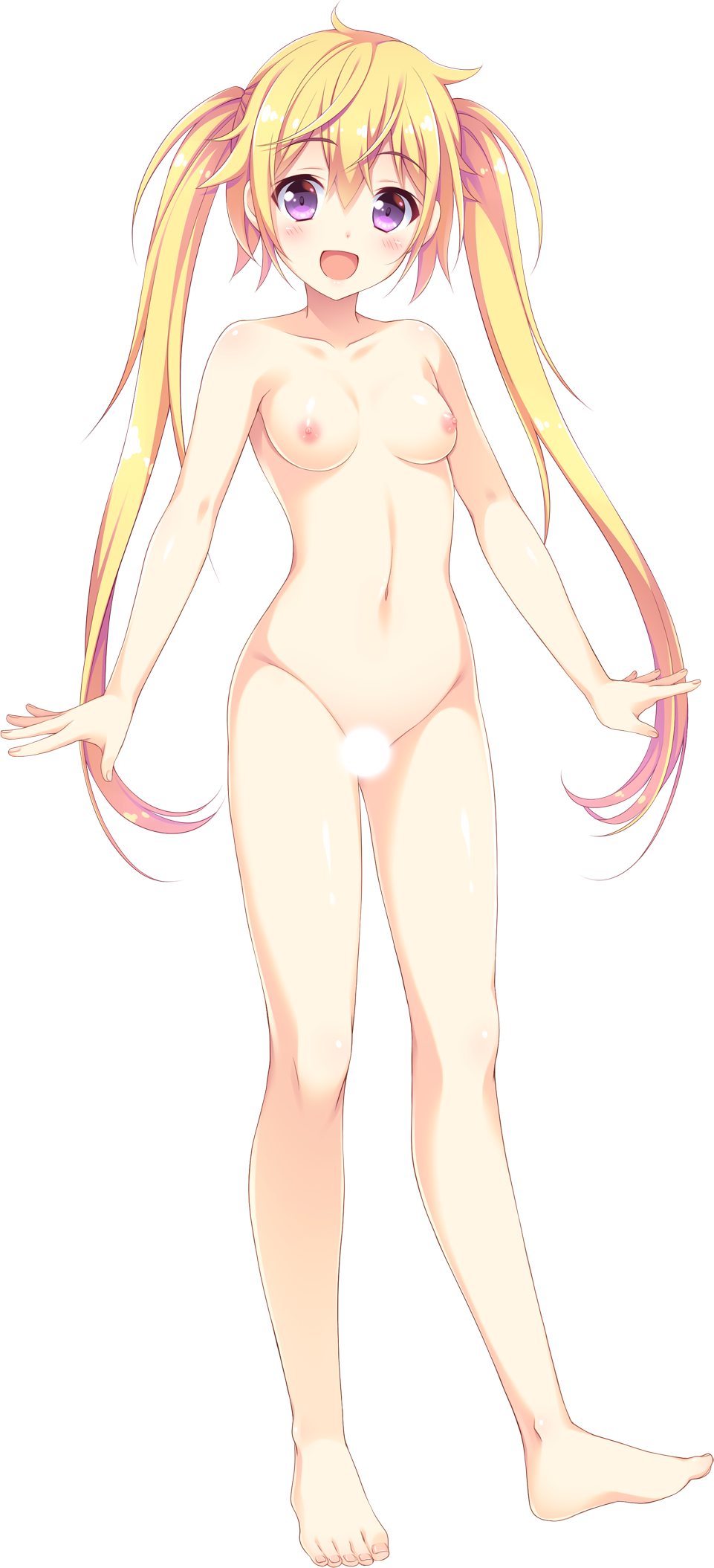 blonde_hair blush breasts censored collarbone eyebrows_visible_through_hair full_body fuyuichi_monme highres kari_gurashi_ren'ai long_hair looking_at_viewer navel niizuma_hiyori nipples non-web_source nude official_art open_mouth outstretched_wrists purple_eyes small_breasts solo standing transparent_background twintails