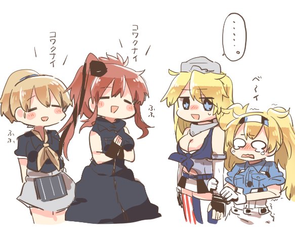 4girls apron black_dress black_shirt blonde_hair blue_eyes blue_shirt breast_pocket breasts brown_hair cleavage closed_eyes collared_shirt commentary cowboy_shot crying crying_with_eyes_open dress fingerless_gloves gambier_bay_(kantai_collection) gloves hairband intrepid_(kantai_collection) iowa_(kantai_collection) kantai_collection large_breasts medium_breasts miniskirt mismatched_legwear multicolored multicolored_clothes multicolored_gloves multiple_girls neckerchief o_o open_mouth pocket ponytail rebecca_(keinelove) remodel_(kantai_collection) saratoga_(kantai_collection) shirt short_hair short_sleeves side_ponytail simple_background skirt smokestack spoken_ellipsis striped striped_legwear tears thighhighs translated twintails vertical-striped_legwear vertical_stripes white_background