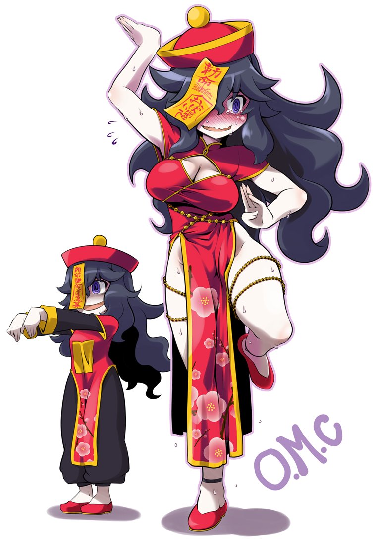 1girl black_hair blush breasts chinese_clothes cleavage hex_maniac_(pokemon) jiangshi large_breasts long_hair messy_hair open_mouth pokemon pokemon_(game) pokemon_xy purple_eyes standing sweat takura_mahiro tears