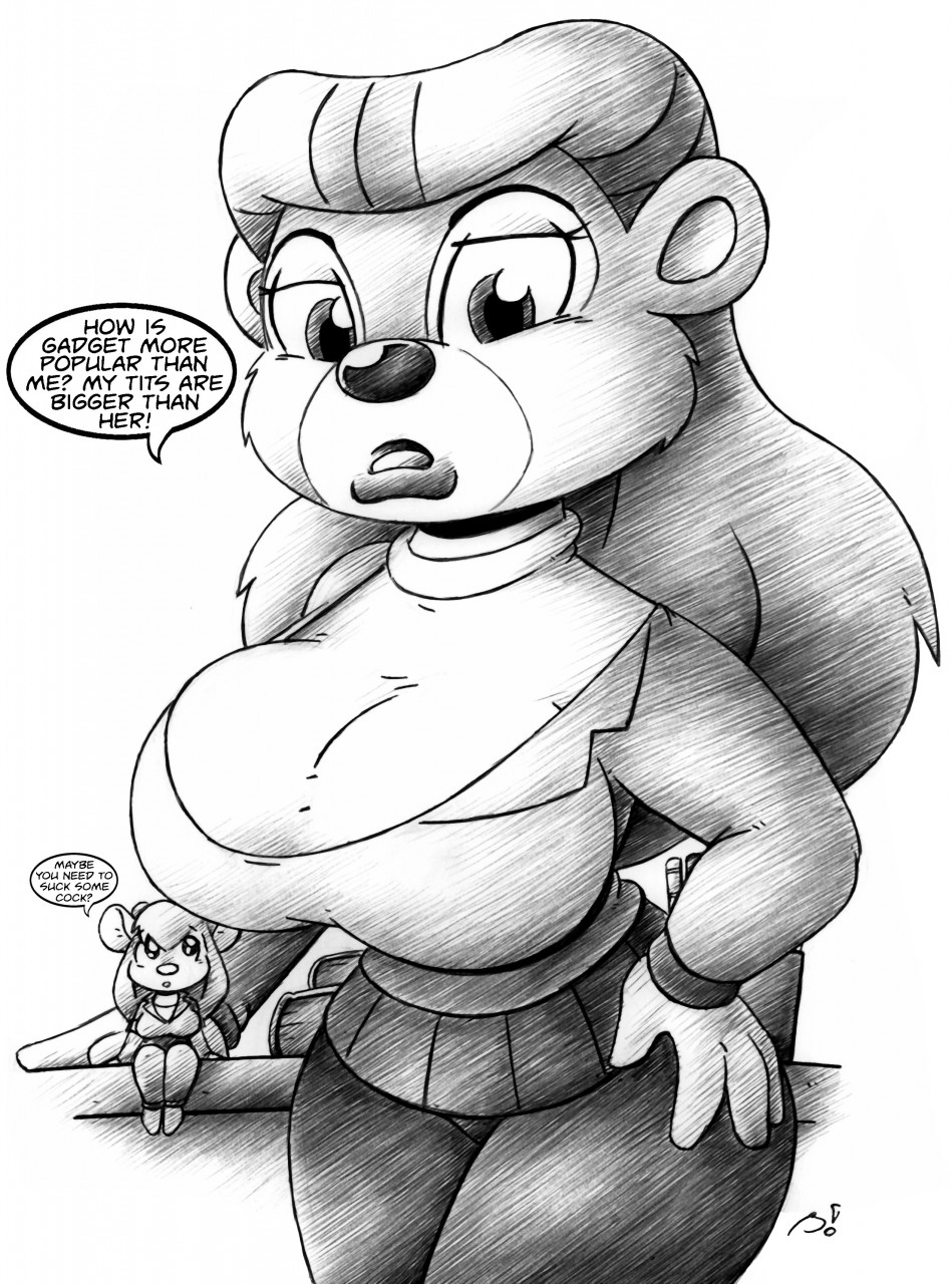 2018 bear big_breasts breasts chip_'n_dale_rescue_rangers cleavage clothed clothing disney drake_fenwick english_text female gadget_hackwrench hair humor long_hair mammal mouse rebecca_cunningham rodent size_difference speech_bubble sweater talespin text
