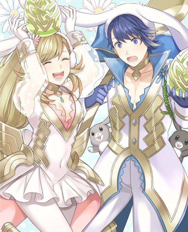 alfonse_(fire_emblem) animal animal_ears aym_(ash3ash3ash) blonde_hair blue_hair braid breasts brother_and_sister bunny bunny_boy bunny_ears bunny_girl bunny_tail detached_collar fake_animal_ears fire_emblem fire_emblem_heroes gloves green_eyes long_hair looking_at_viewer medium_breasts multicolored_hair open_mouth pectorals sharena short_hair siblings simple_background smile tail white_background